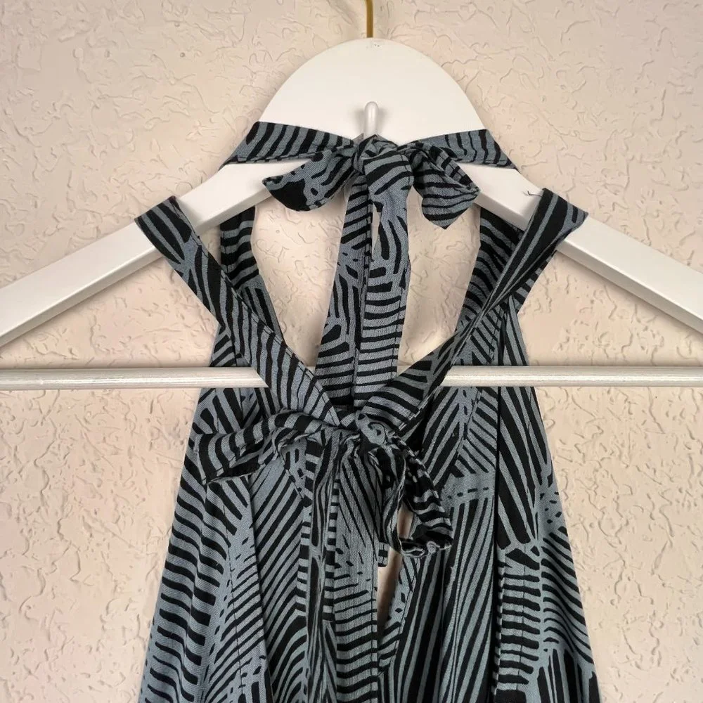 BOHO Womens Black White Long Maxi Striped Print Tie Halter Neck Dress - Picture 3 of 8